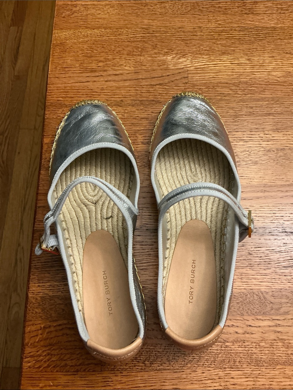 Tory Burch Silver Metallic Espadrille Flats with Tan Insole - Picture 2 of 5